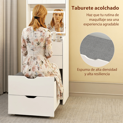 HOMCOM Toucador de Maquilhagem com Luzes LED de 3 Cores Espelho Rebatível e Banco Acolchoado Mesa de Maquilhagem de Vidro Visível com 3 Gavetas e Prateleiras para Espaços Reduzidos 50x40x160 cm Branco HOMCOM Toucador de Maquilhagem com Luzes LED de 3 Cores Espelho Rebatível e Banco Acolchoado Mesa de Maquilhagem de Vidro Visível com 3 Gavetas e Prateleiras para Espaços Reduzidos 50x40x160 cm Branco