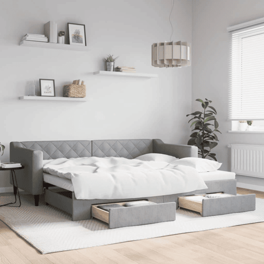 Sofá-cama, Sofá conversível c gavetão e gavetas 90x200 cm tecido cinzento-claro Sofá-cama, Sofá conversível c gavetão e gavetas 90x200 cm tecido cinzento-claro