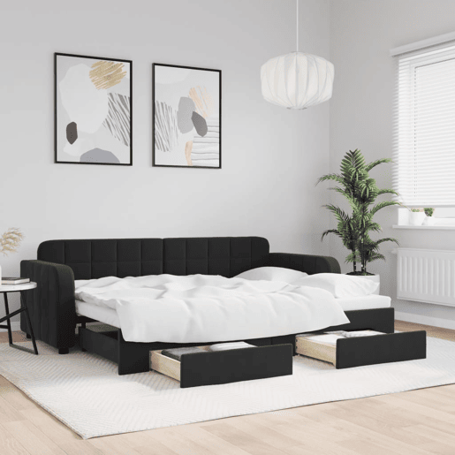 Sofá-cama, Sofá conversível com gavetão e gavetas 80x200 cm veludo preto Sofá-cama, Sofá conversível com gavetão e gavetas 80x200 cm veludo preto
