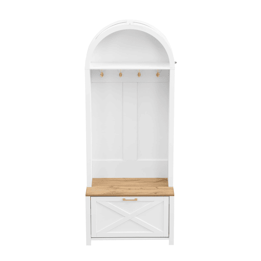 Móvel multifuncional para hall de entrada 75 L x 35 P x 195 A - Prateleira para sapatos, ganchos, design moderno - Branco, Madeira