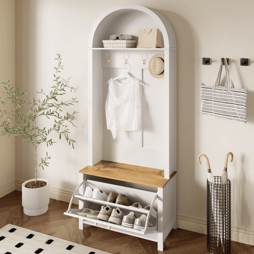 Móvel multifuncional para hall de entrada 75 L x 35 P x 195 A - Prateleira para sapatos, ganchos, design moderno - Branco, Madeira