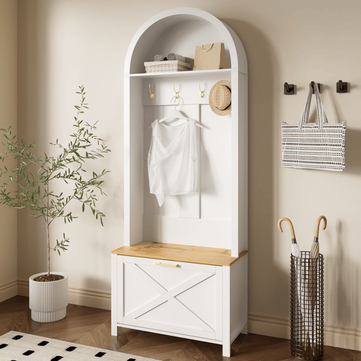 Móvel multifuncional para hall de entrada 75 L x 35 P x 195 A - Prateleira para sapatos, ganchos, design moderno - Branco, Madeira
