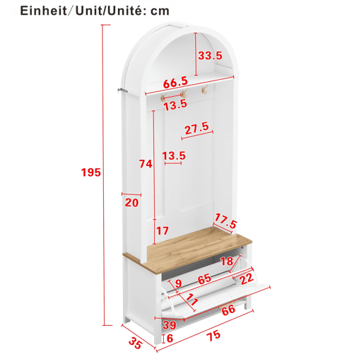Móvel multifuncional para hall de entrada 75 L x 35 P x 195 A - Prateleira para sapatos, ganchos, design moderno - Branco, Madeira