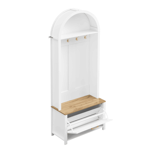 Móvel multifuncional para hall de entrada 75 L x 35 P x 195 A - Prateleira para sapatos, ganchos, design moderno - Branco, Madeira