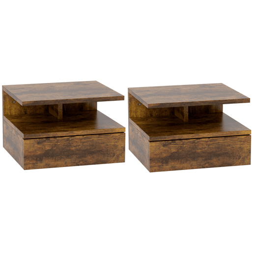 HOMCOM Conjunto de 2 Mesas de Cabeceira Flutuantes, Mesas de Cabeceira com Gaveta e Prateleira Aberta, Design Moderno e Poupa Espaço, Castanho Rústico, 35x32x22,5 cm