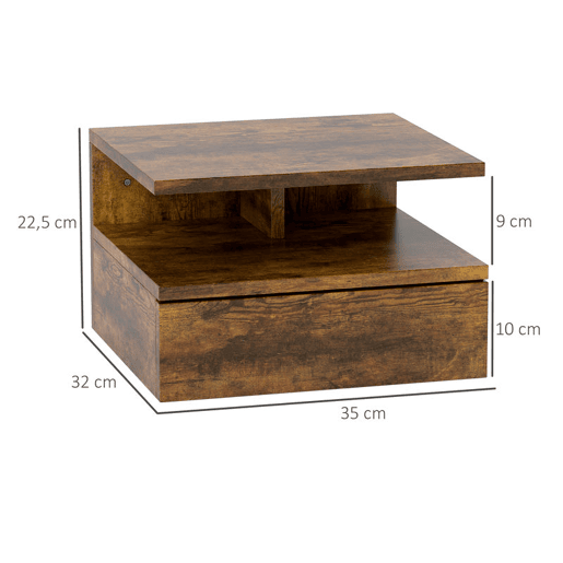 HOMCOM Conjunto de 2 Mesas de Cabeceira Flutuantes, Mesas de Cabeceira com Gaveta e Prateleira Aberta, Design Moderno e Poupa Espaço, Castanho Rústico, 35x32x22,5 cm