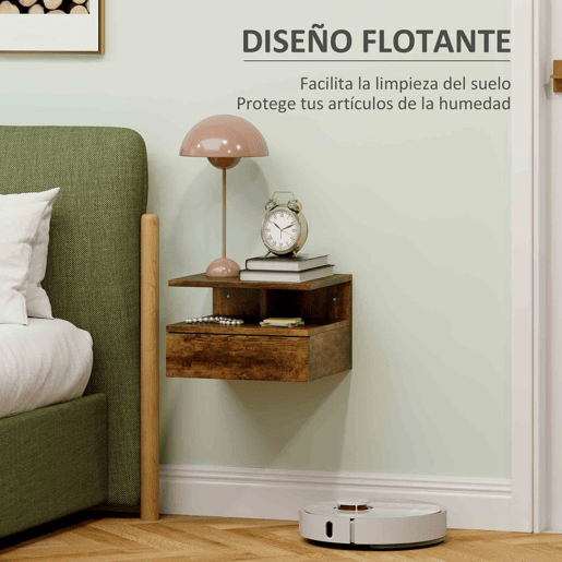 HOMCOM Conjunto de 2 Mesas de Cabeceira Flutuantes, Mesas de Cabeceira com Gaveta e Prateleira Aberta, Design Moderno e Poupa Espaço, Castanho Rústico, 35x32x22,5 cm