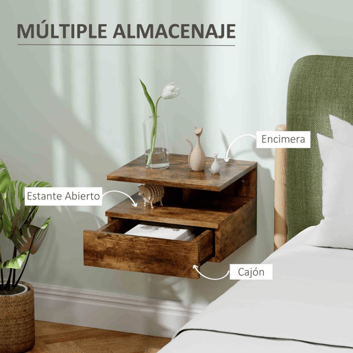 HOMCOM Conjunto de 2 Mesas de Cabeceira Flutuantes, Mesas de Cabeceira com Gaveta e Prateleira Aberta, Design Moderno e Poupa Espaço, Castanho Rústico, 35x32x22,5 cm