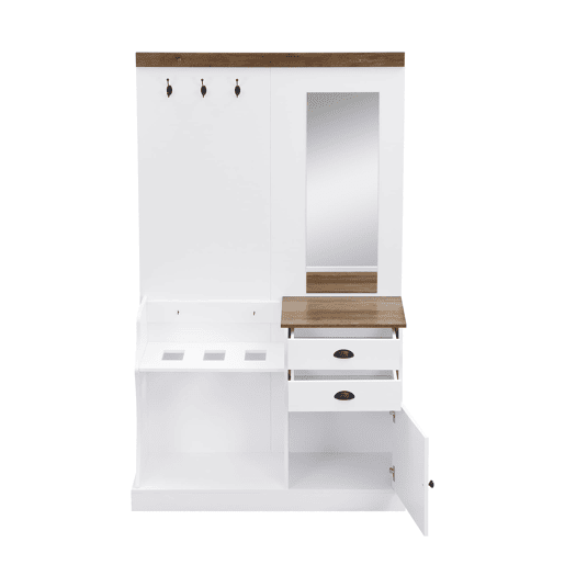 Móvel de entrada 110x38x191 cm - com espelho, ganchos, gavetas e suporte para guarda-chuvas - Branco