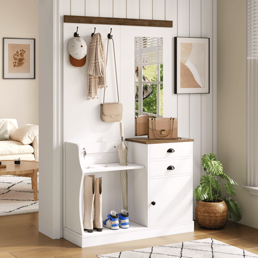 Móvel de entrada 110x38x191 cm - com espelho, ganchos, gavetas e suporte para guarda-chuvas - Branco