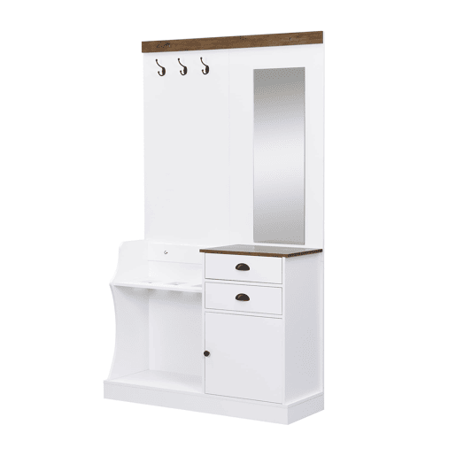 Móvel de entrada 110x38x191 cm - com espelho, ganchos, gavetas e suporte para guarda-chuvas - Branco