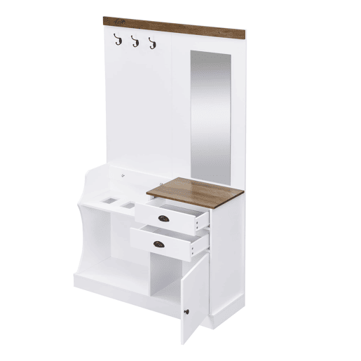 Móvel de entrada 110x38x191 cm - com espelho, ganchos, gavetas e suporte para guarda-chuvas - Branco