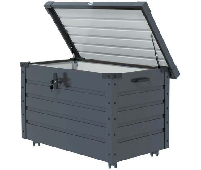 Outsunny arcón exterior capacidad 295l, baúl de almacenaje de acero galvanizado con 4 ruedas, 2 asas y tapa con cerradura, impermeable, para jardín,