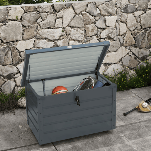 Outsunny Baú de Exterior 295 L Baú de Armazenamento de Aço Galvanizado com 4 Rodas 2 Pegas e 1 Fechadura com Chave para Jardim Pátio 100x62x65 cm Cinza Escuro