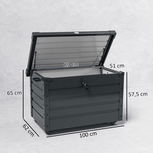 Outsunny Baú de Exterior 295 L Baú de Armazenamento de Aço Galvanizado com 4 Rodas 2 Pegas e 1 Fechadura com Chave para Jardim Pátio 100x62x65 cm Cinza Escuro