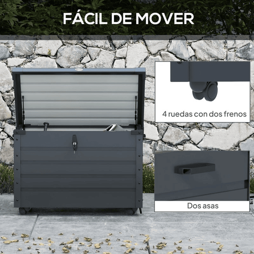 Outsunny Baú de Exterior 295 L Baú de Armazenamento de Aço Galvanizado com 4 Rodas 2 Pegas e 1 Fechadura com Chave para Jardim Pátio 100x62x65 cm Cinza Escuro