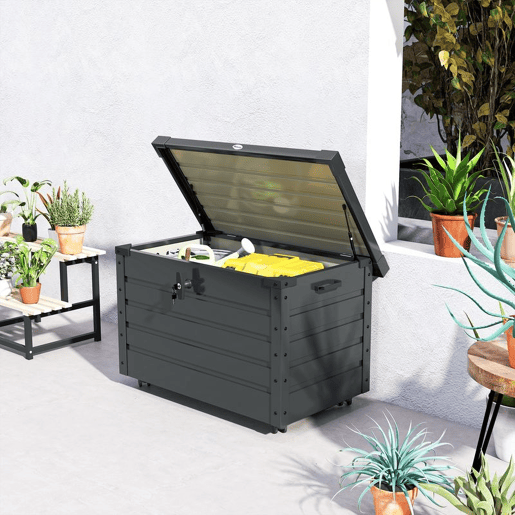 Outsunny Baú de Exterior 295 L Baú de Armazenamento de Aço Galvanizado com 4 Rodas 2 Pegas e 1 Fechadura com Chave para Jardim Pátio 100x62x65 cm Cinza Escuro