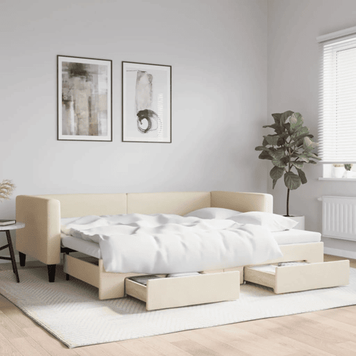 Sofá-cama, Sofá conversível com gavetão e gavetas 90x200 cm tecido cor creme