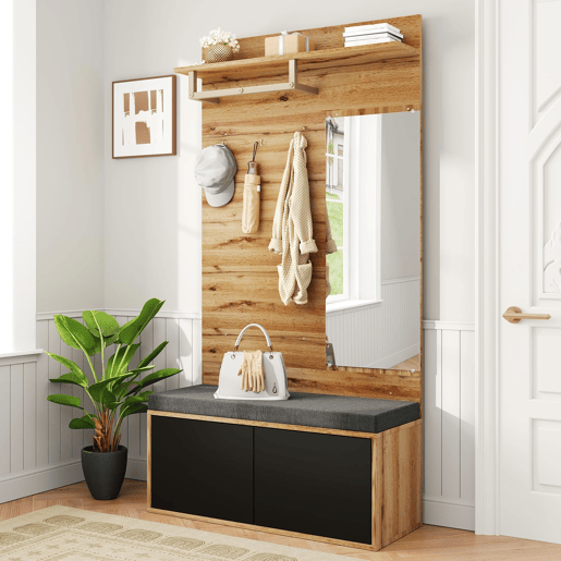 Móvel de entrada 100x190x38 cm - Com espelho, almofada e sapateira - Preto Móvel de entrada 100x190x38 cm - Com espelho, almofada e sapateira - Preto