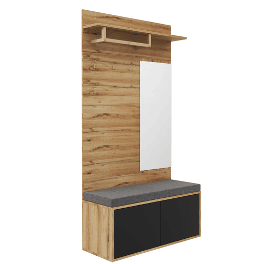 Móvel de entrada 100x190x38 cm - Com espelho, almofada e sapateira - Preto Móvel de entrada 100x190x38 cm - Com espelho, almofada e sapateira - Preto