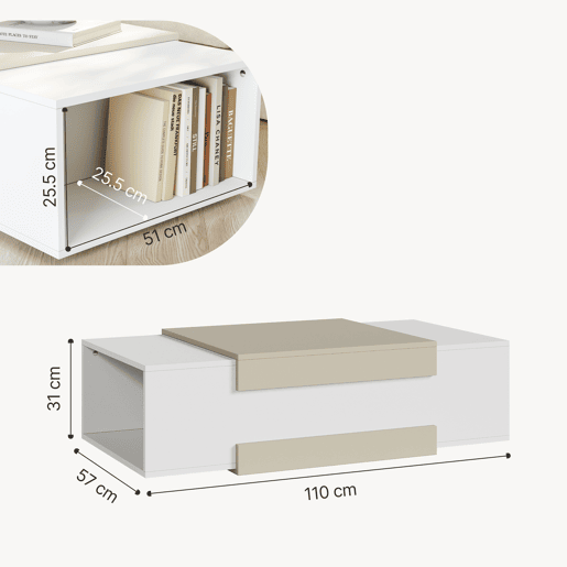 Mesa de centro Eljak 2 compartimentos 110x57x31 cm brancoareia en.casa