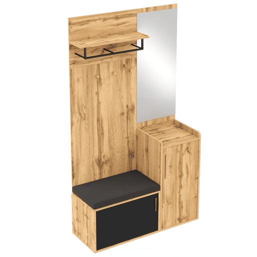 Móvel compacto para hall de entrada - Com espelho, banco, sapateira e ganchos - Preto e natural Móvel compacto para hall de entrada - Com espelho, banco, sapateira e ganchos - Preto e natural