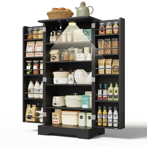 Aparador 120x60x40 cm - Com luz LED, 2 portas, prateleiras ajustáveis - Preto Aparador 120x60x40 cm - Com luz LED, 2 portas, prateleiras ajustáveis - Preto
