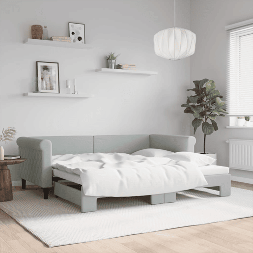 Sofá-cama, Sofá conversível com gavetão 90x190 cm veludo cinzento-claro