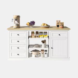 Aparador 150×65×75 cm - 5 gavetas, 2 prateleiras, extensão e tomadas - Natural e Branco