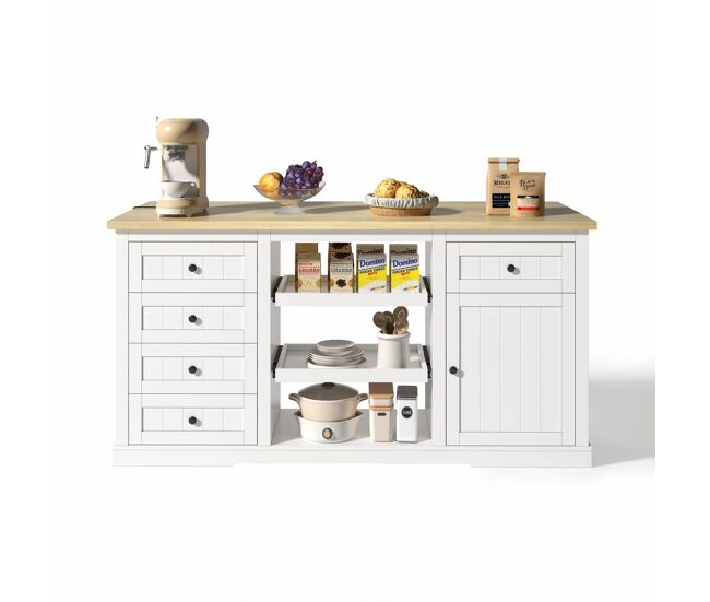 Aparador 150×65×75 cm - 5 cajones, 2 estantes, extensión y enchufes - natural y blanco