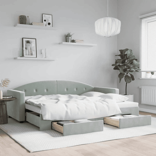 Sofá-cama, Sofá conversível c gavetão e gavetas 80x200 cm veludo cinzento-claro