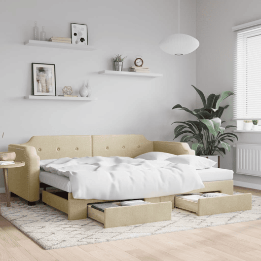 Sofá-cama, Sofá conversível com gavetão e gavetas 100x200 cm tecido cor creme Sofá-cama, Sofá conversível com gavetão e gavetas 100x200 cm tecido cor creme