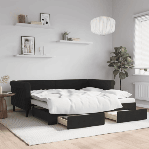 Sofá-cama, Sofá conversível com gavetão e gavetas 90x190 cm veludo preto Sofá-cama, Sofá conversível com gavetão e gavetas 90x190 cm veludo preto