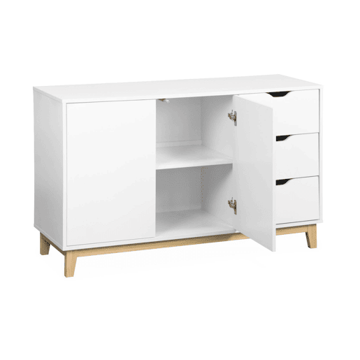 Aparador efeito madeira 2 portas, 120cm, Floki, Branco, 120x40x75 cm