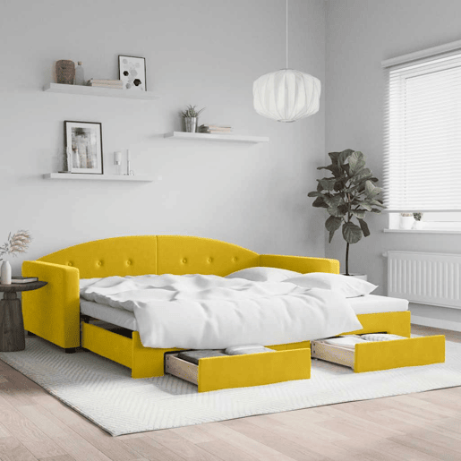 Sofá-cama, Sofá conversível com gavetão e gavetas 100x200 cm veludo amarelo Sofá-cama, Sofá conversível com gavetão e gavetas 100x200 cm veludo amarelo