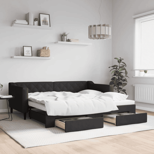 Sofá-cama, Sofá conversível com gavetão e gavetas 90x190 cm tecido preto