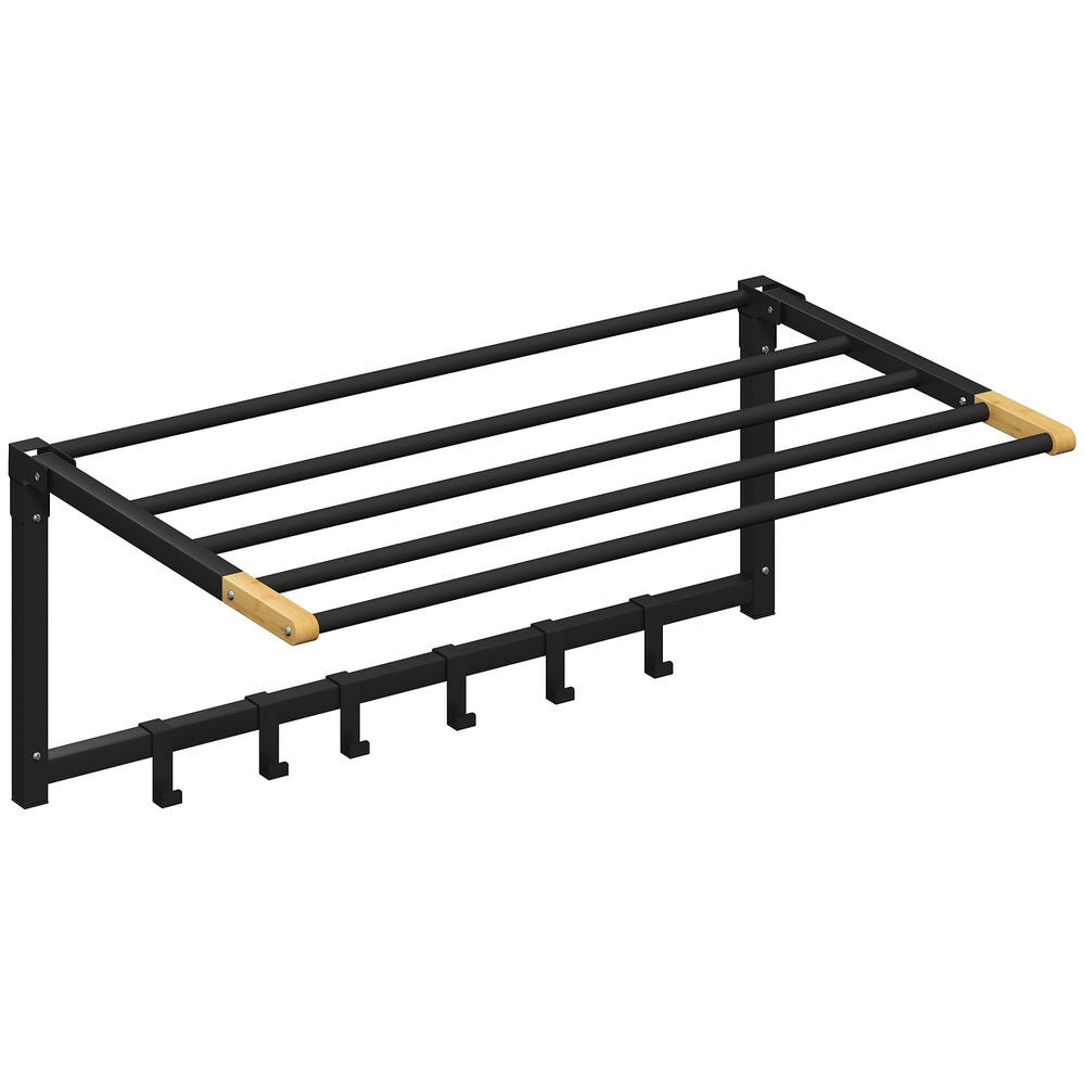 Homcom toallero de baño de pared, toallero plegable con 5 barras y 6 ganchos, para toallas, baño, 60 cm, negro