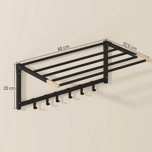HOMCOM Toalheiro de Parede Dobrável com 5 Barras e 6 Ganchos Suporte para Toalhas para Casa de Banho Dobrável e Compacto 60x32,5x20 cm Preto