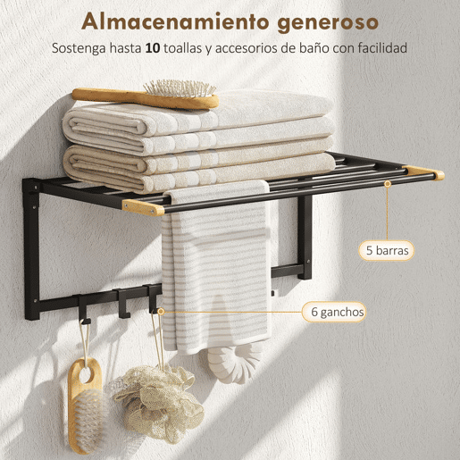 HOMCOM Toalheiro de Parede Dobrável com 5 Barras e 6 Ganchos Suporte para Toalhas para Casa de Banho Dobrável e Compacto 60x32,5x20 cm Preto