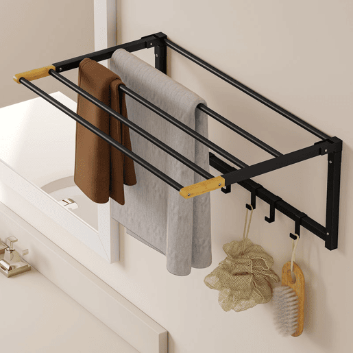 HOMCOM Toalheiro de Parede Dobrável com 5 Barras e 6 Ganchos Suporte para Toalhas para Casa de Banho Dobrável e Compacto 60x32,5x20 cm Preto