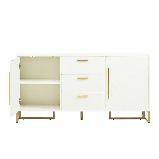 Aparador com 2 portas e 3 gavetas - elegante com padrão em espiga - Branco
