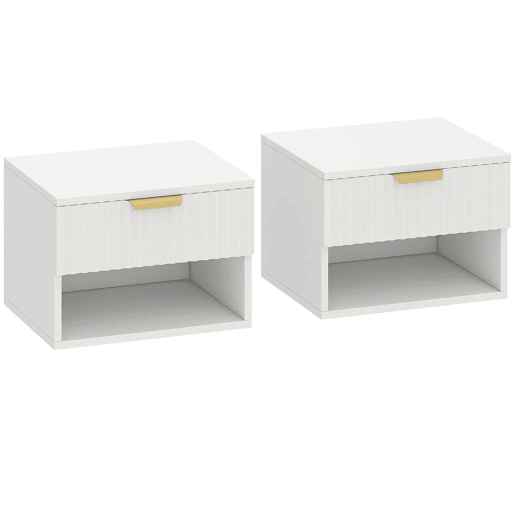HOMCOM Conjunto de 2 Mesas de Cabeceira Flutuantes Estreitas Mesas de Cabeceira para Quarto com Gaveta com Frente Canelada e Prateleira Aberta 40x34x29 cm Branco