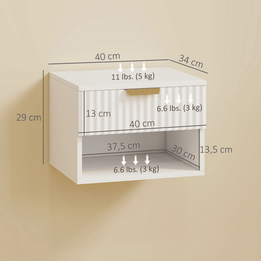 HOMCOM Conjunto de 2 Mesas de Cabeceira Flutuantes Estreitas Mesas de Cabeceira para Quarto com Gaveta com Frente Canelada e Prateleira Aberta 40x34x29 cm Branco