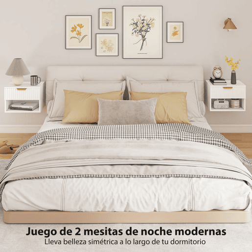 HOMCOM Conjunto de 2 Mesas de Cabeceira Flutuantes Estreitas Mesas de Cabeceira para Quarto com Gaveta com Frente Canelada e Prateleira Aberta 40x34x29 cm Branco