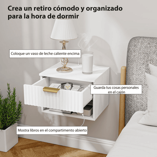 HOMCOM Conjunto de 2 Mesas de Cabeceira Flutuantes Estreitas Mesas de Cabeceira para Quarto com Gaveta com Frente Canelada e Prateleira Aberta 40x34x29 cm Branco