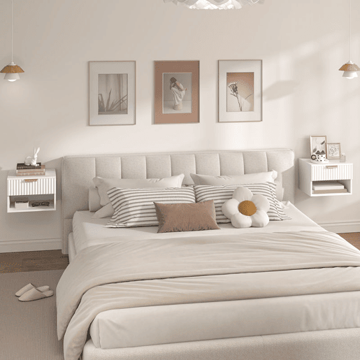 HOMCOM Conjunto de 2 Mesas de Cabeceira Flutuantes Estreitas Mesas de Cabeceira para Quarto com Gaveta com Frente Canelada e Prateleira Aberta 40x34x29 cm Branco