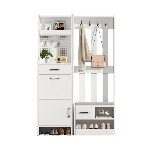 Móvel de entrada 110x35x175,5 cm - 7 em 1 com sapateira, 7 ganchos, 2 gavetas, branco Móvel de entrada 110x35x175,5 cm - 7 em 1 com sapateira, 7 ganchos, 2 gavetas, branco
