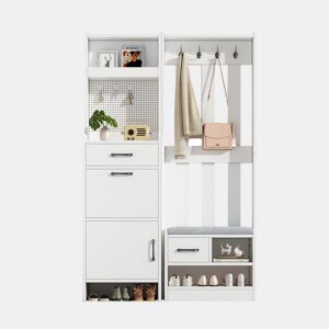 Móvel de entrada 110x35x175,5 cm - 7 em 1 com sapateira, 7 ganchos, 2 gavetas, branco