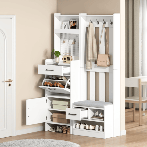 Móvel de entrada 110x35x175,5 cm - 7 em 1 com sapateira, 7 ganchos, 2 gavetas, branco Móvel de entrada 110x35x175,5 cm - 7 em 1 com sapateira, 7 ganchos, 2 gavetas, branco