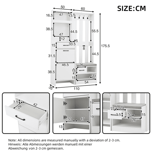 Móvel de entrada 110x35x175,5 cm - 7 em 1 com sapateira, 7 ganchos, 2 gavetas, branco Móvel de entrada 110x35x175,5 cm - 7 em 1 com sapateira, 7 ganchos, 2 gavetas, branco